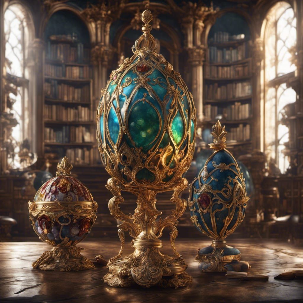 Opulent Faberge Eggs in a Library: Detailed Matte Painting