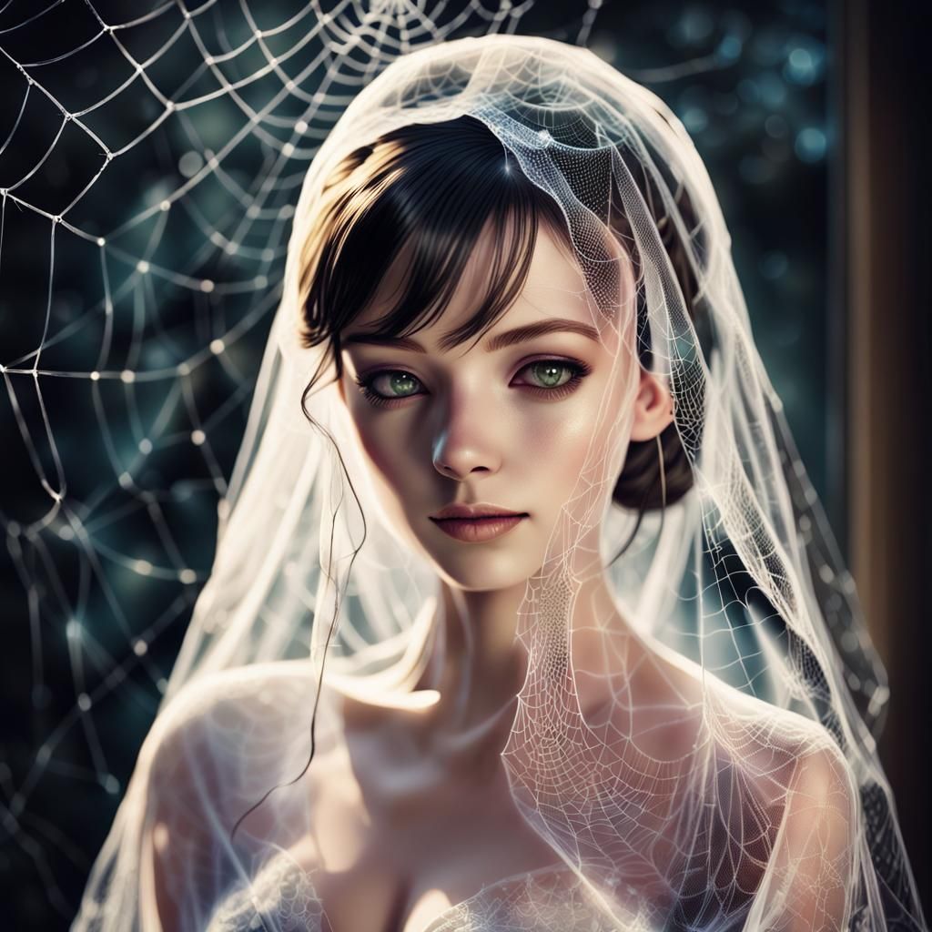 Manga Bride in Spiderweb Veil with Neon Lights