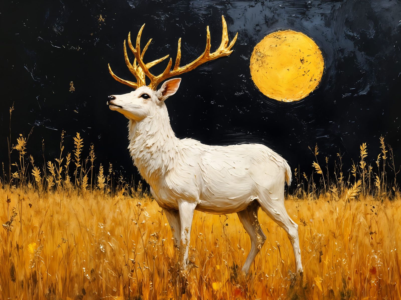 Regal White Stag in Golden Field Under Black Sky
