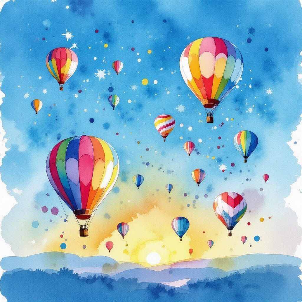 Hot Air Balloons Floating In A Splattered Watercolor Sky