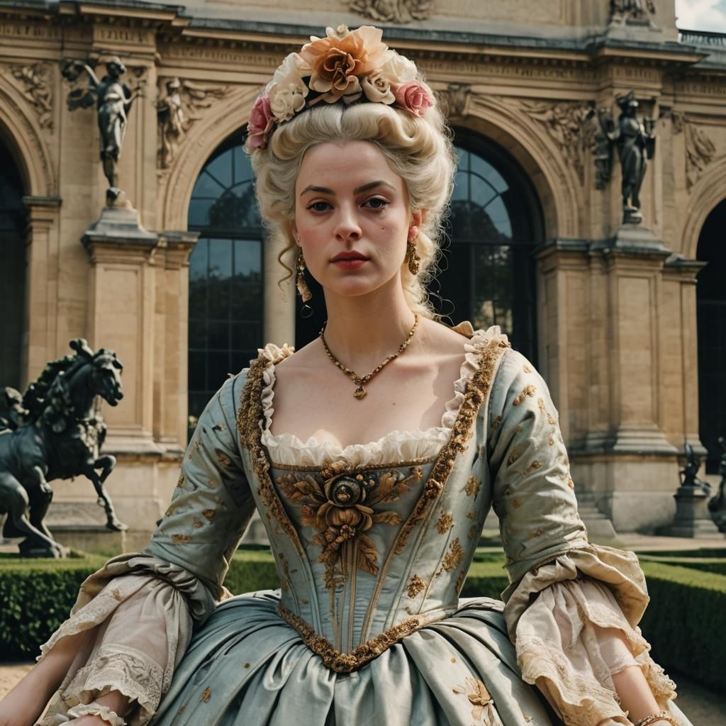 Marie Antoinette in Louvre Gardens: Cinematic Film Still
