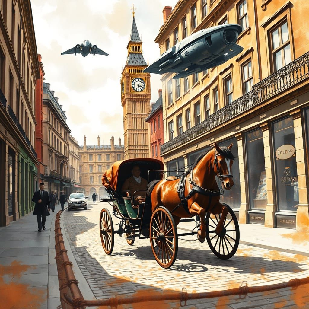 London: Carriage, Big Ben, Spacecraft in Digital Watercolor
