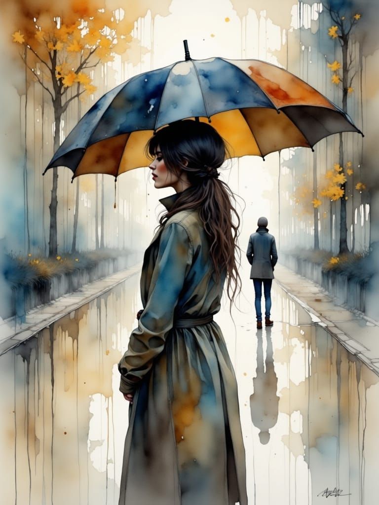 Woman in Rain with Umbrella, Painterly Mixed Media