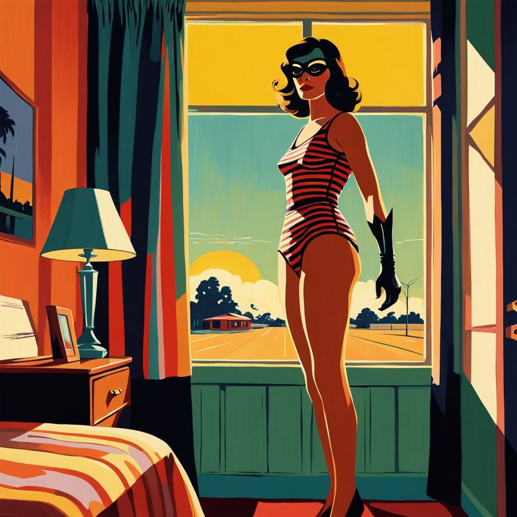 Moody Superhero in Vintage Motel Room, Inspired by 1960s Pop...