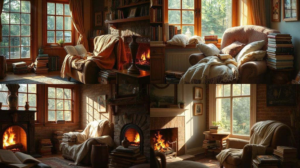 Cosy Fireplace Reading Nook with Rainy Window View