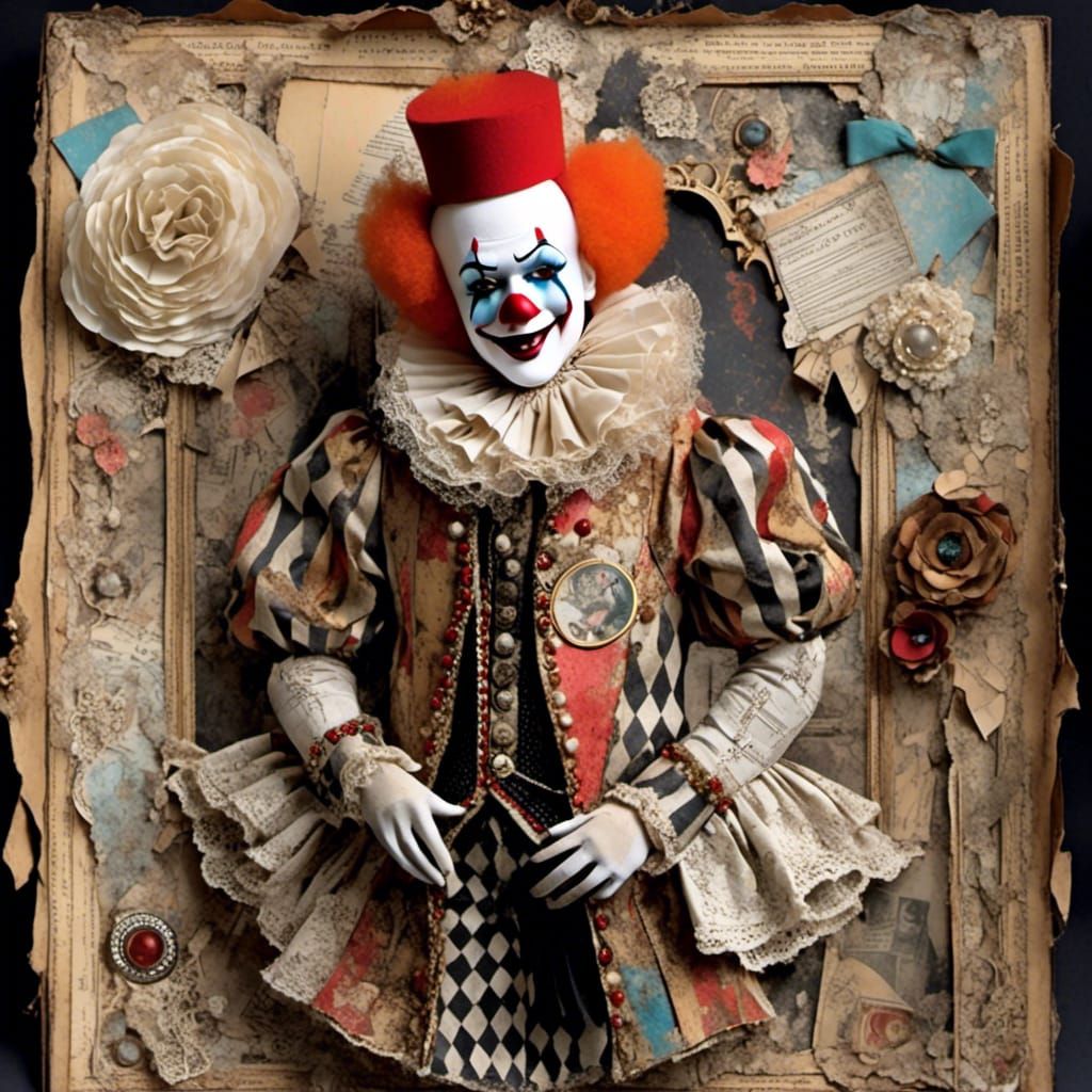 Glamorous Vintage Harlequin Clown in Mixed Media