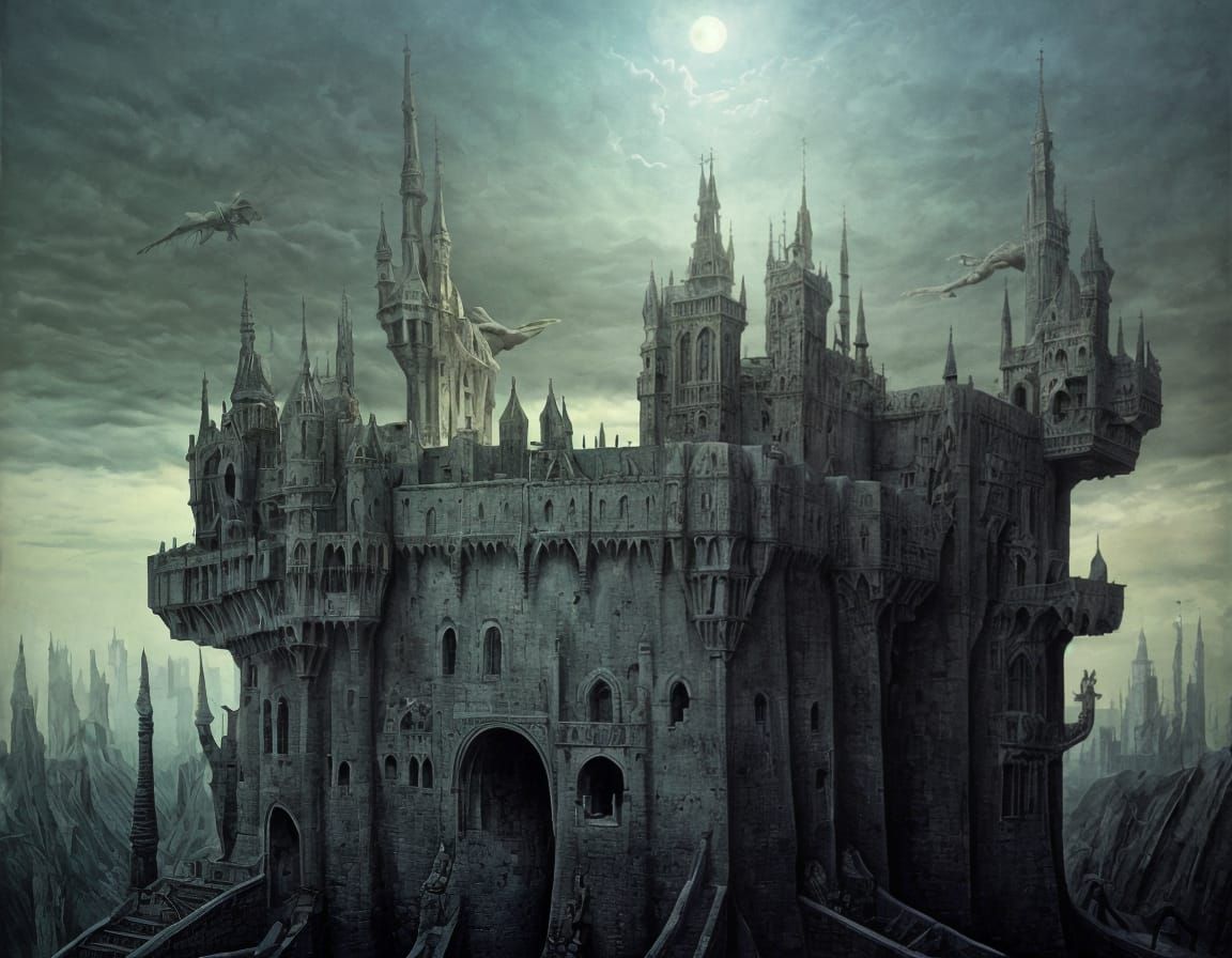 Surreal Castle with Twisted Forms and Drawbridges in Dark Fa...