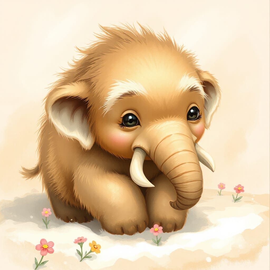 Whimsical Mammoth Cub in Snowy Meadow