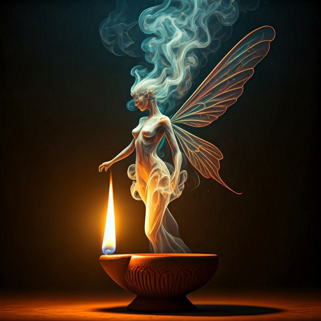 Ethereal Fairy Emerges from Terracotta Lamp Smoke