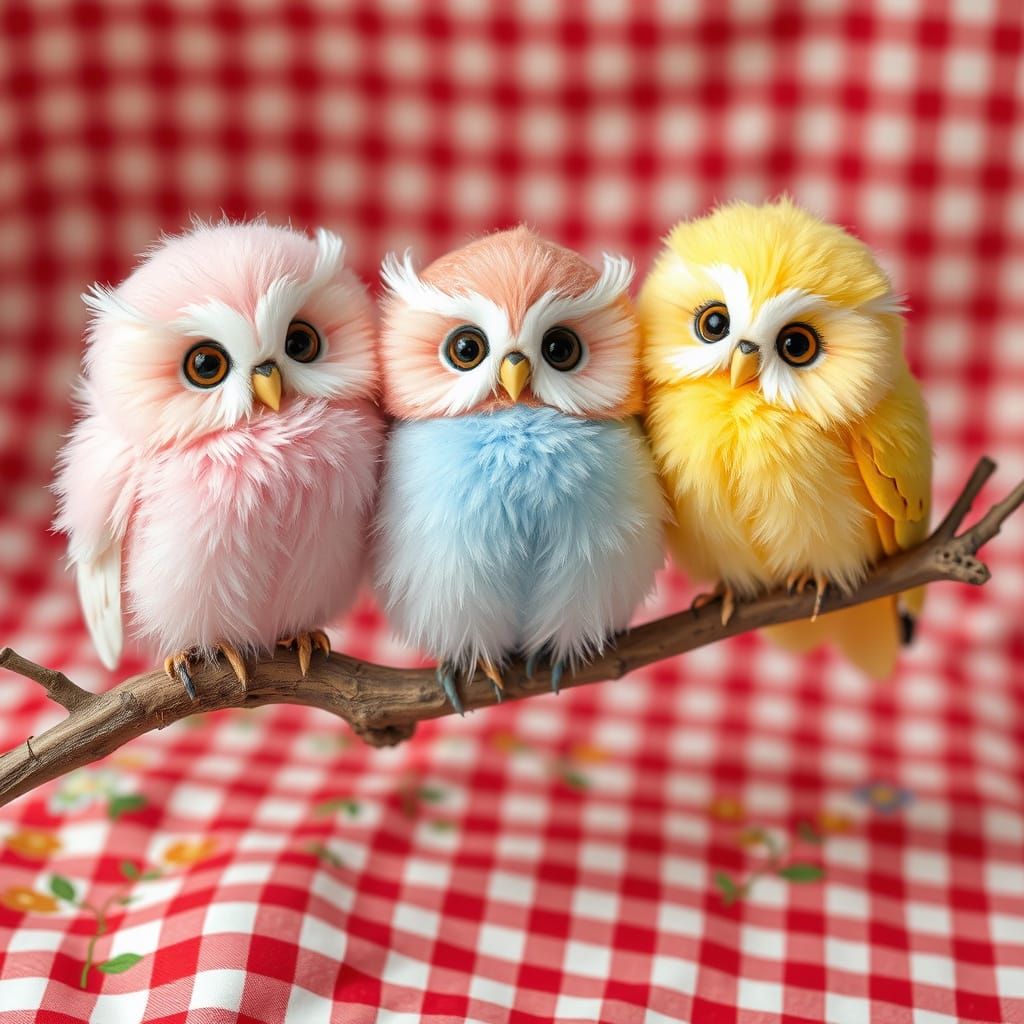 Pastel Owls Perch on Gingham Branch