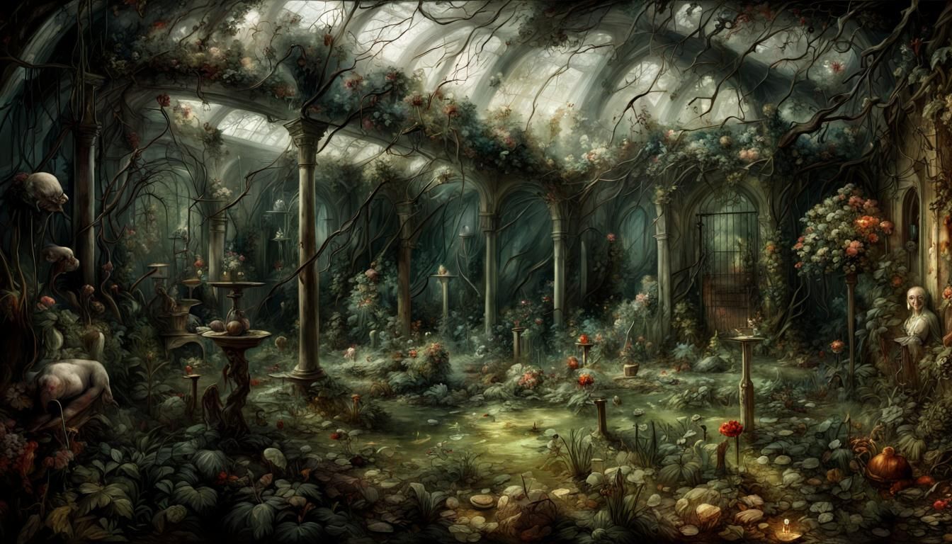 Eerie Abandoned Garden in Dark Fantasy Style