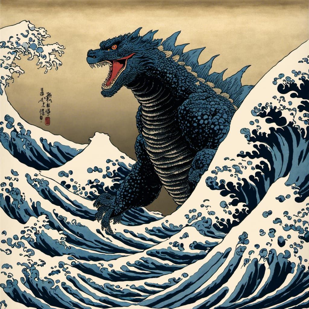 Godzilla Walks Hokusai's Great Wave: A Kaiju Homage