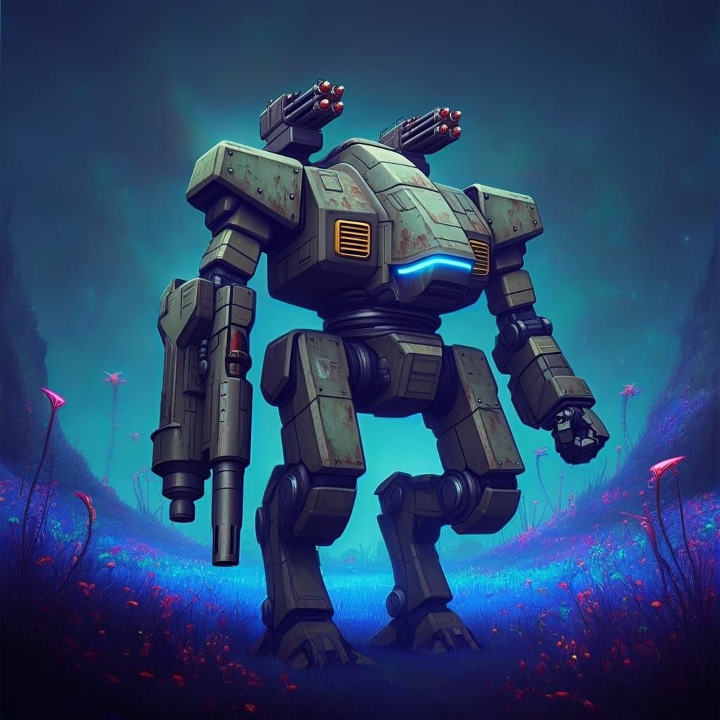 Retro-Futuristic Mecha Robot on Alien World