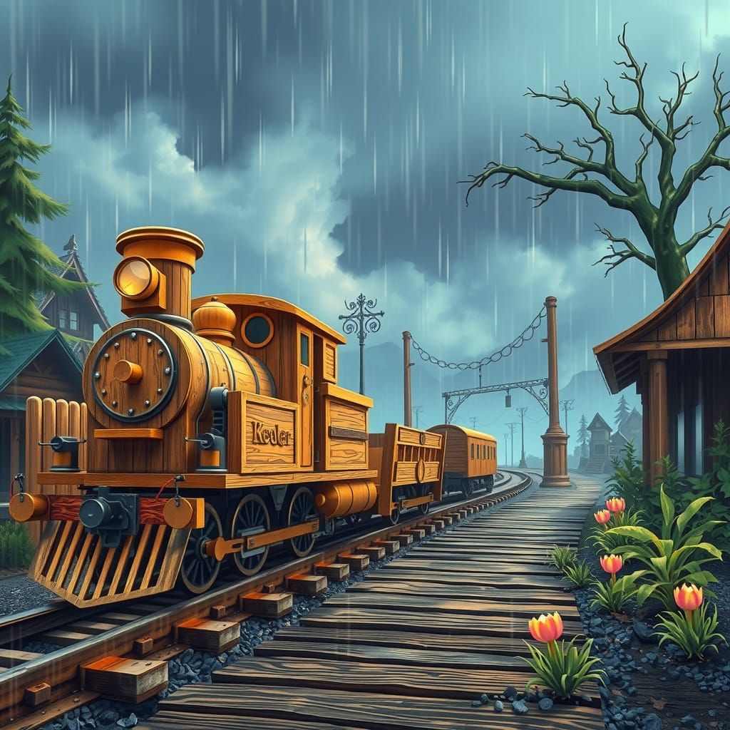 flux schnell classic untreated wooden train, on a wood track