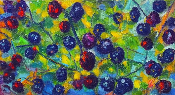 blackberries neo-impressionism expressionist style oil painting, smooth post-impressionist impasto acrylic painting, thi...