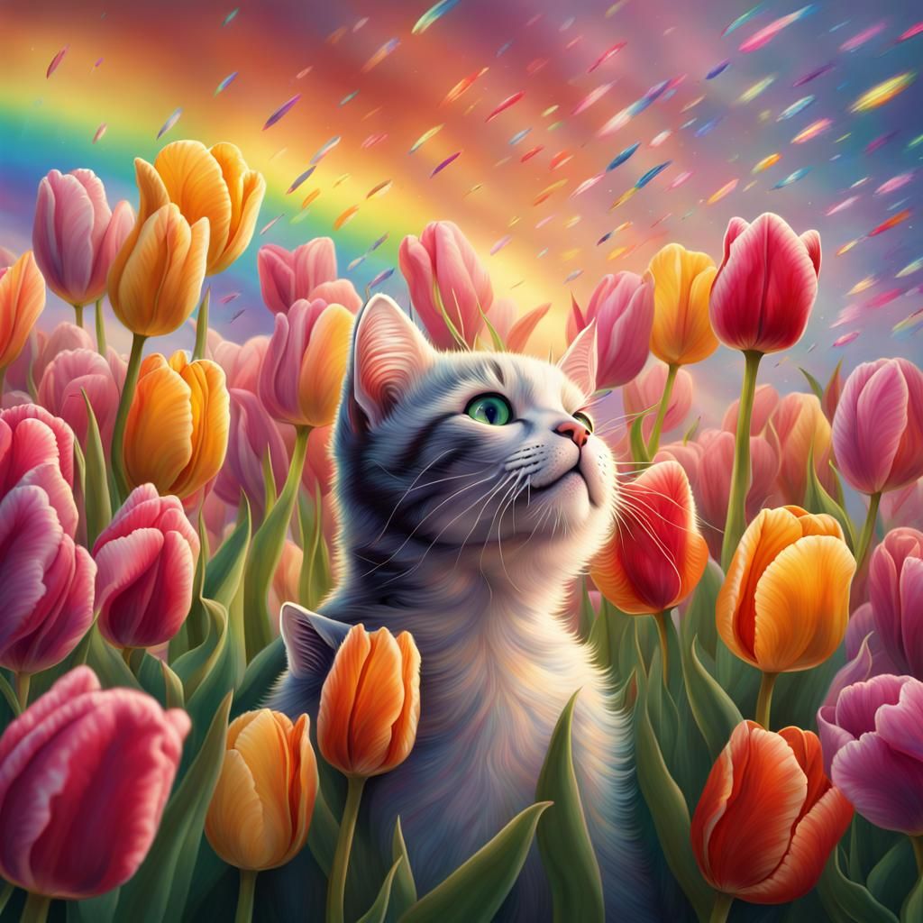 Rainbow Tulips Dance for Kittens: Hyperrealistic Splash Art
