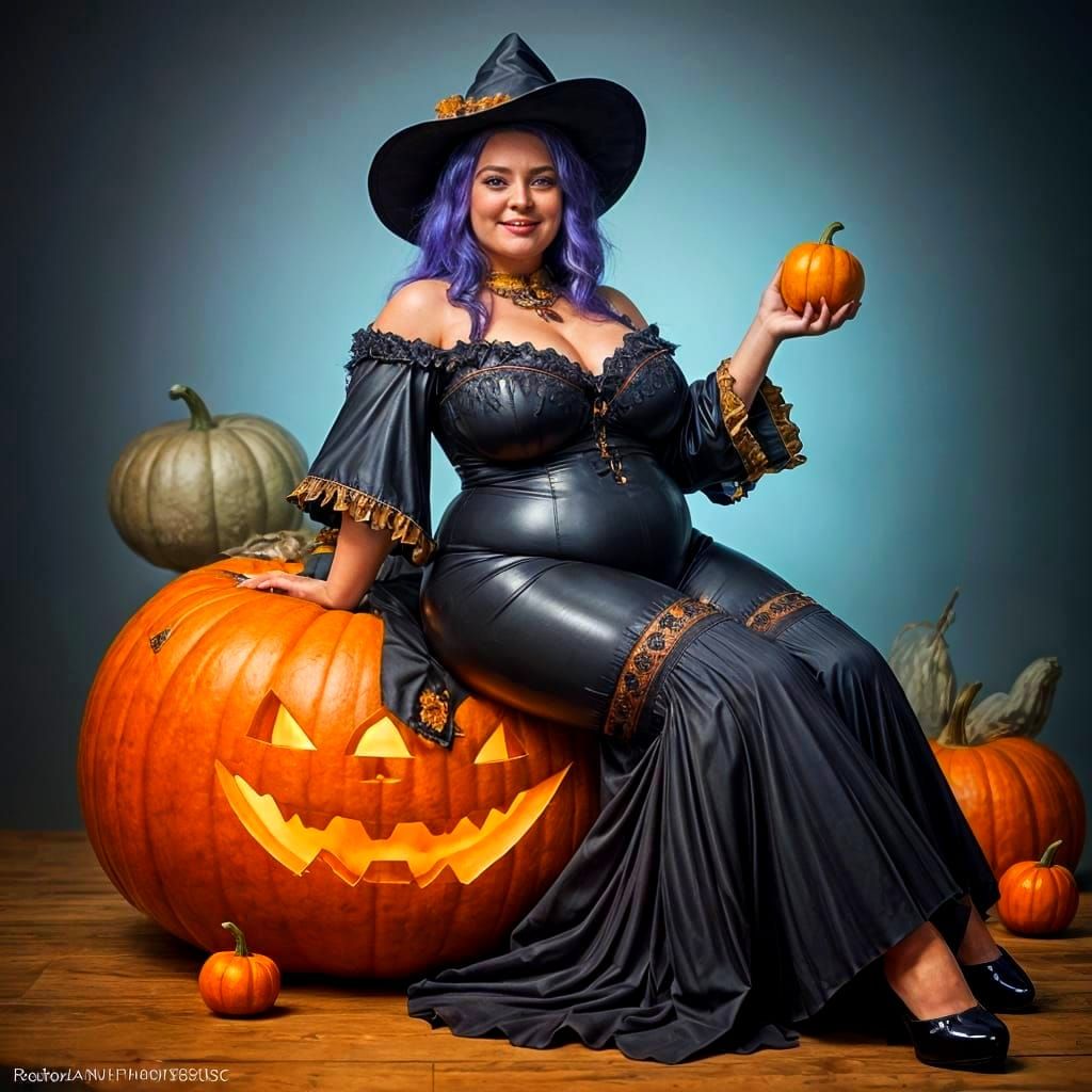 Charming Mature Witch on Pumpkin in Fantasy Art