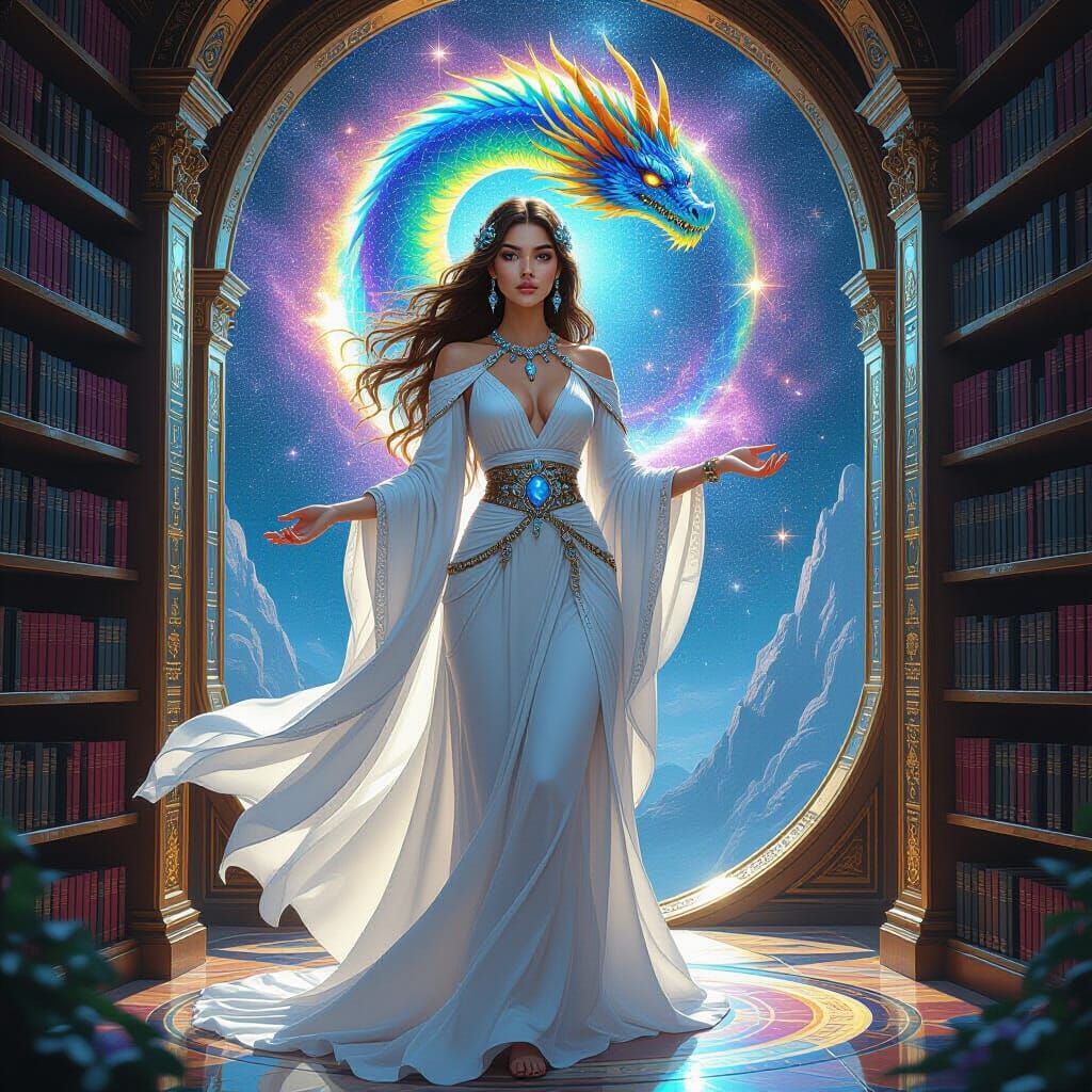 Goddess in Cosmic Library Protected by Dragon
