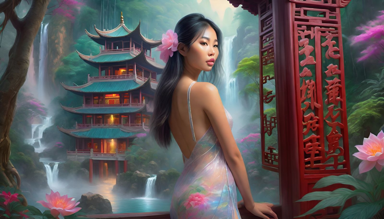 Asian Woman at Jungle Temple: Ethereal Fantasy Art