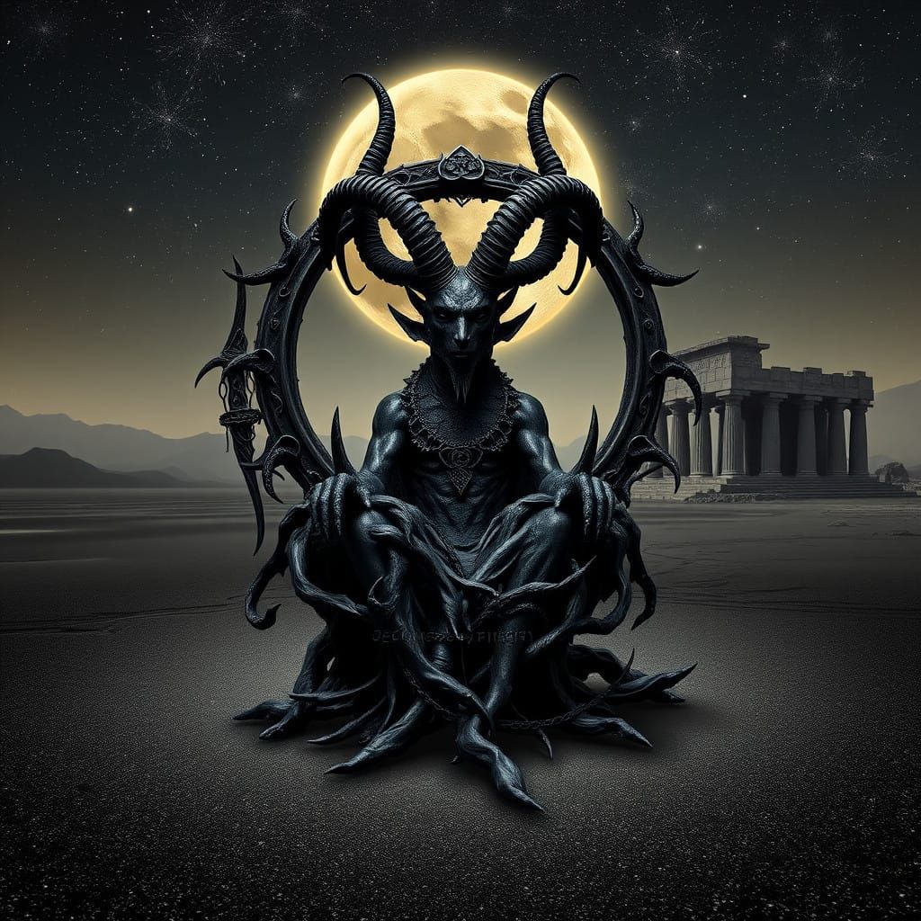 Dark Gothic Baphomet on Twisted Throne in Desert Landscape
