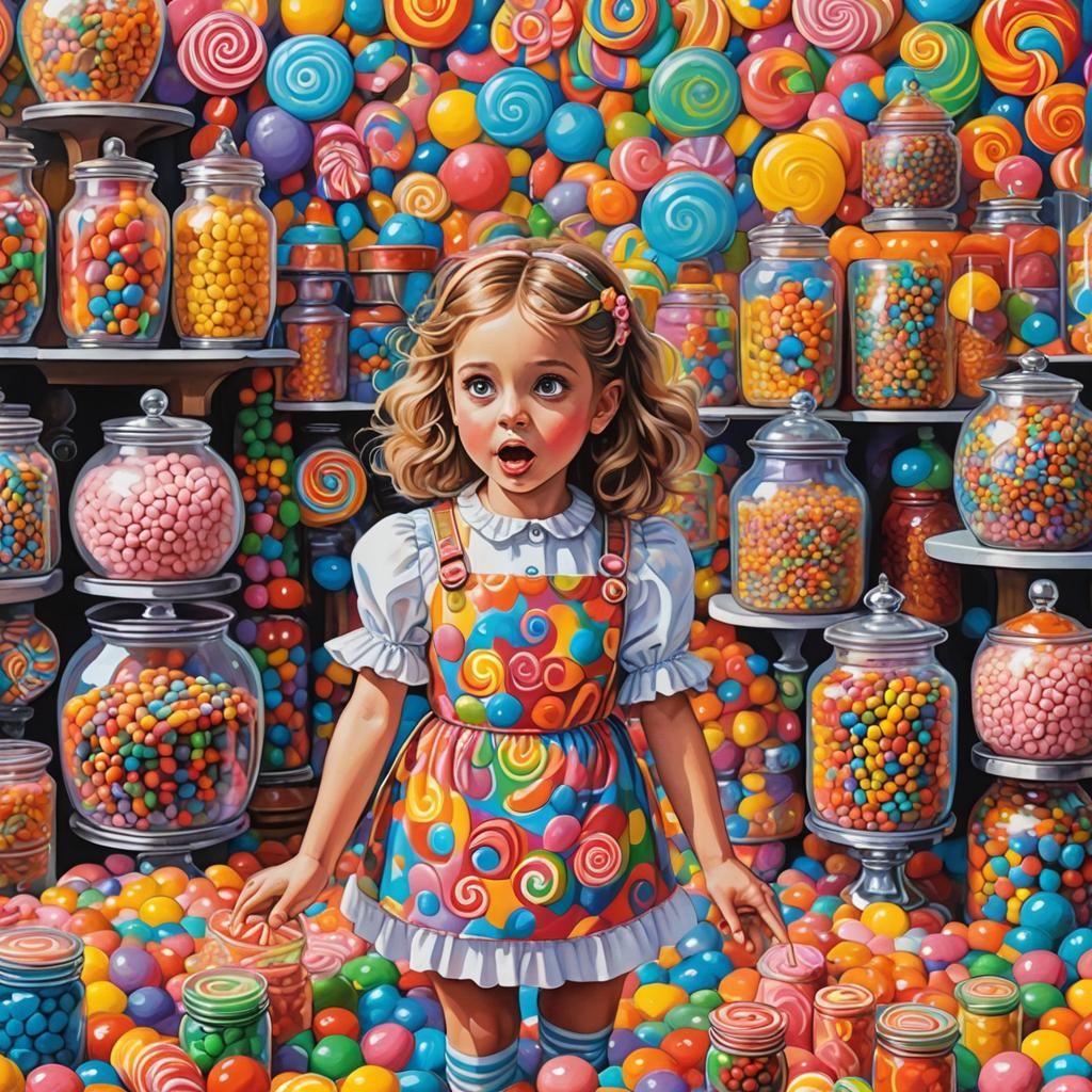 Child Overwhelmed by Candy in Gouache Style