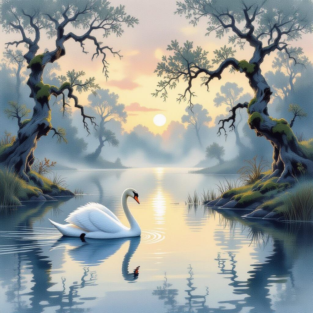 Majestic Swan on Mist-Shrouded Lake at Dawn