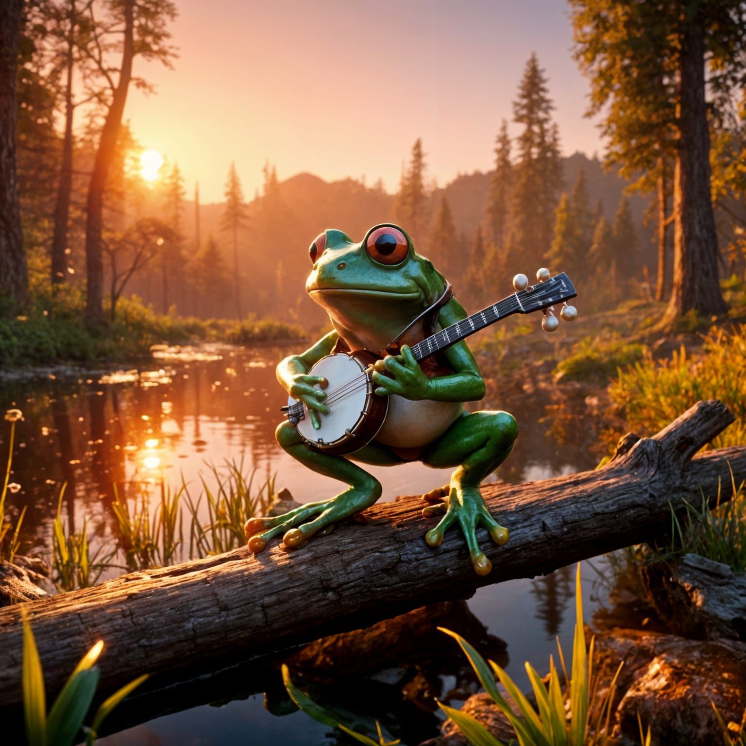 Frog with Banjo at Sunset: Cinematic Video Game Art