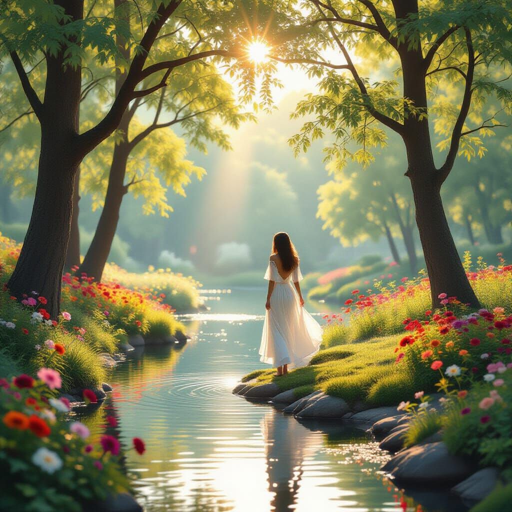 Ethereal Woman in Floral Landscape with Dreamy Lighting