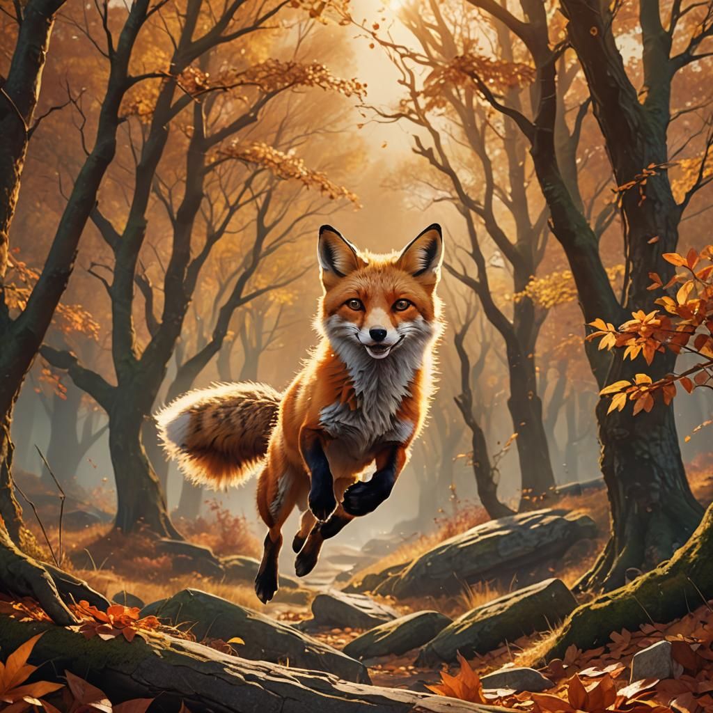 Mischievous Fox Leaping Through Autumn Landscape