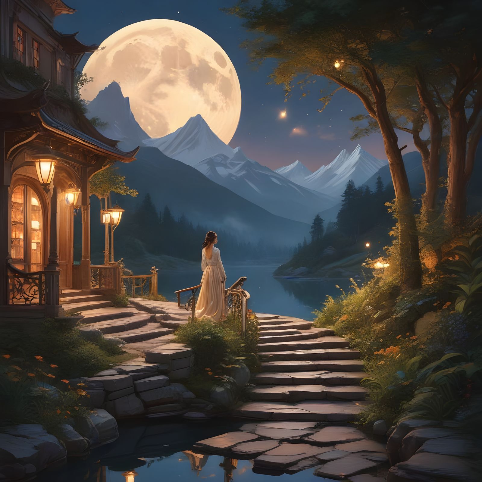 Ethereal Crescent Moon Library Shines Above Serene Lake