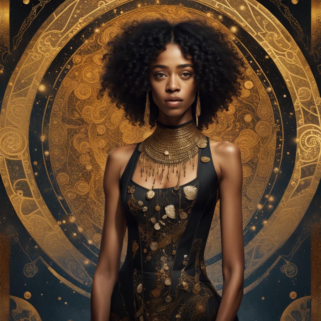 Tarot Magician Card: Black Woman in Klimt Collage Style
