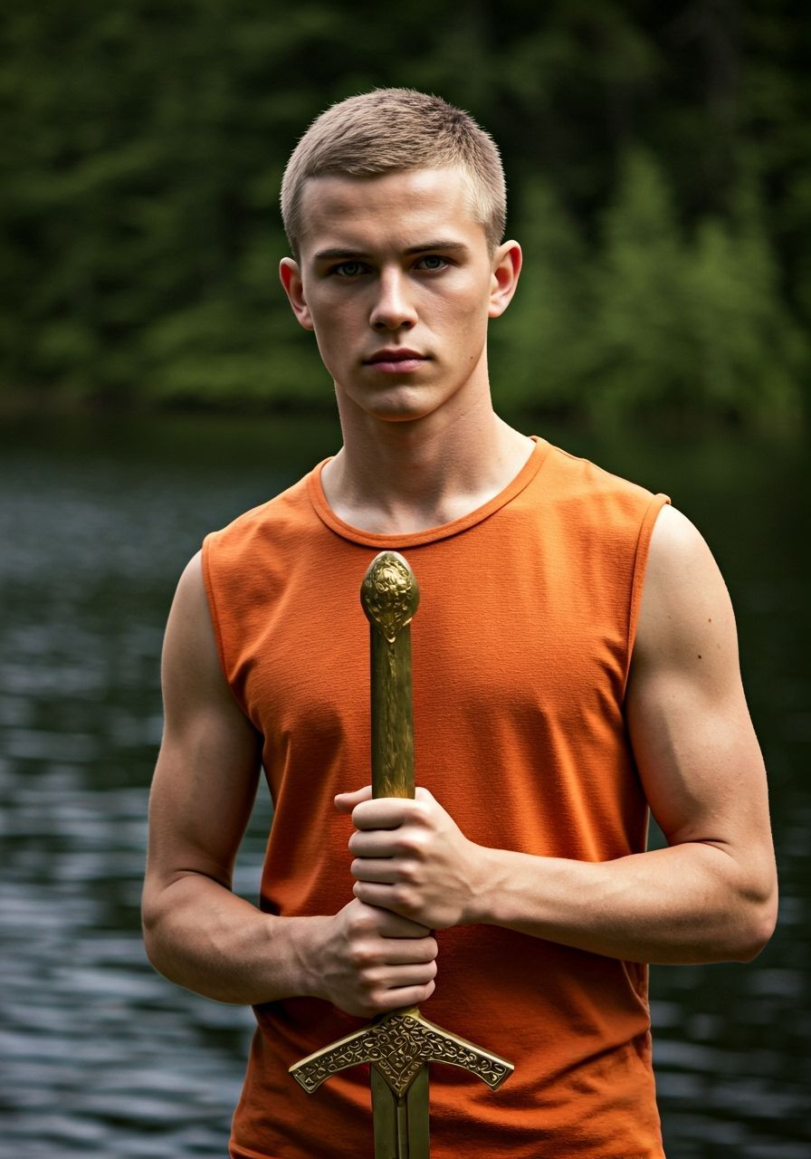 Heroic Young Swordsman by a Serene Lake, Cinematic Style