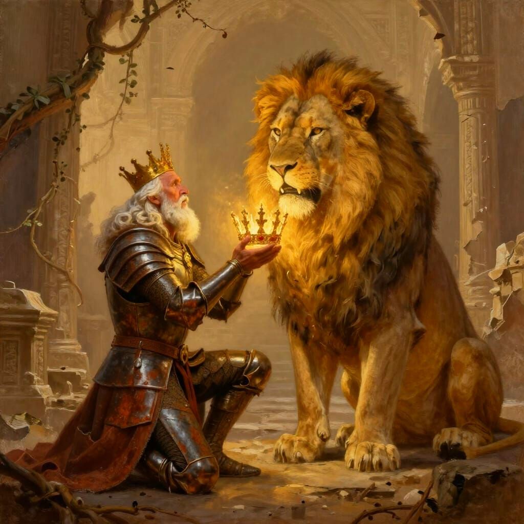 Aged King Kneels Before Lion with Glowing Crown in Ruins