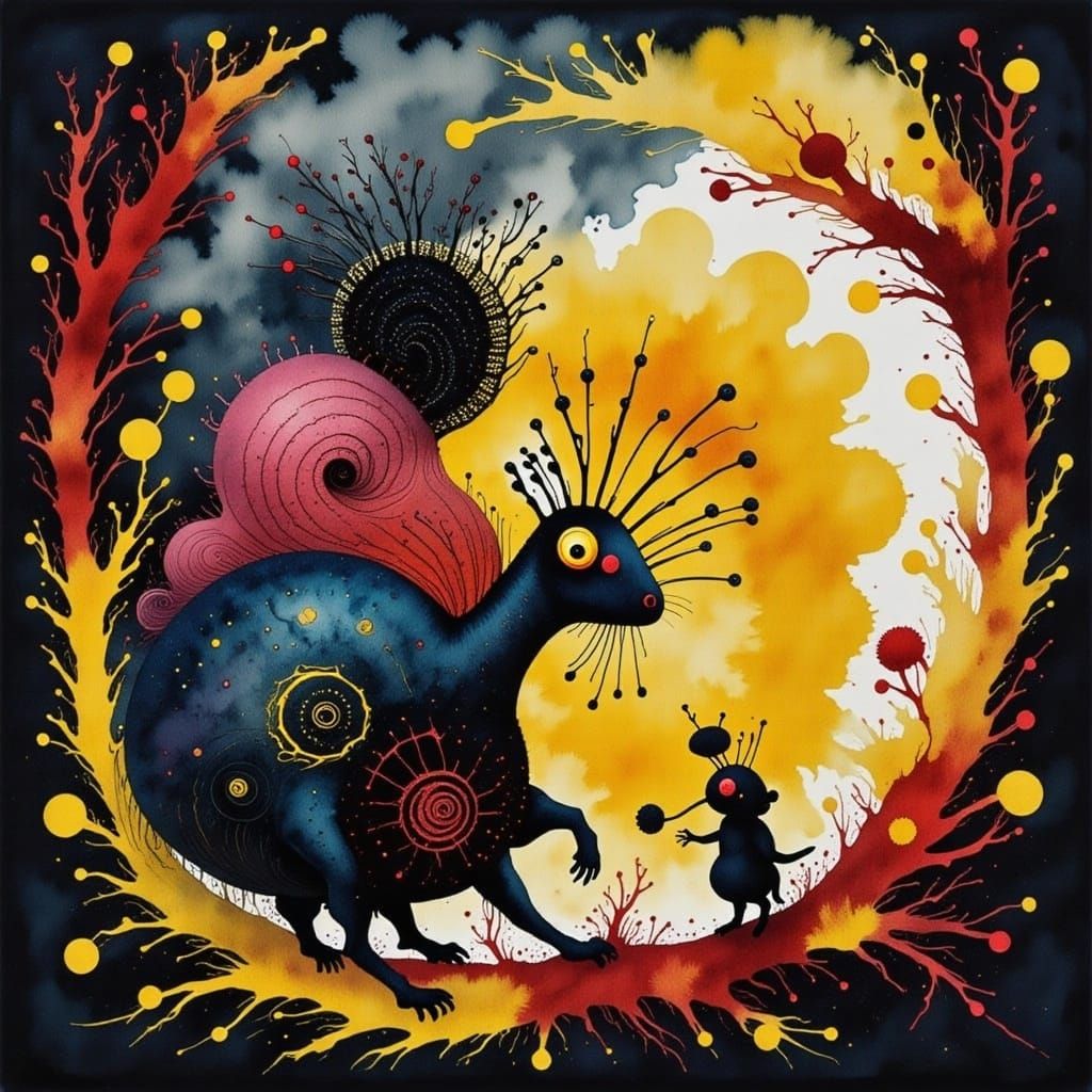 Surreal Cicada-Inspired Landscape in Dark Watercolor Ink