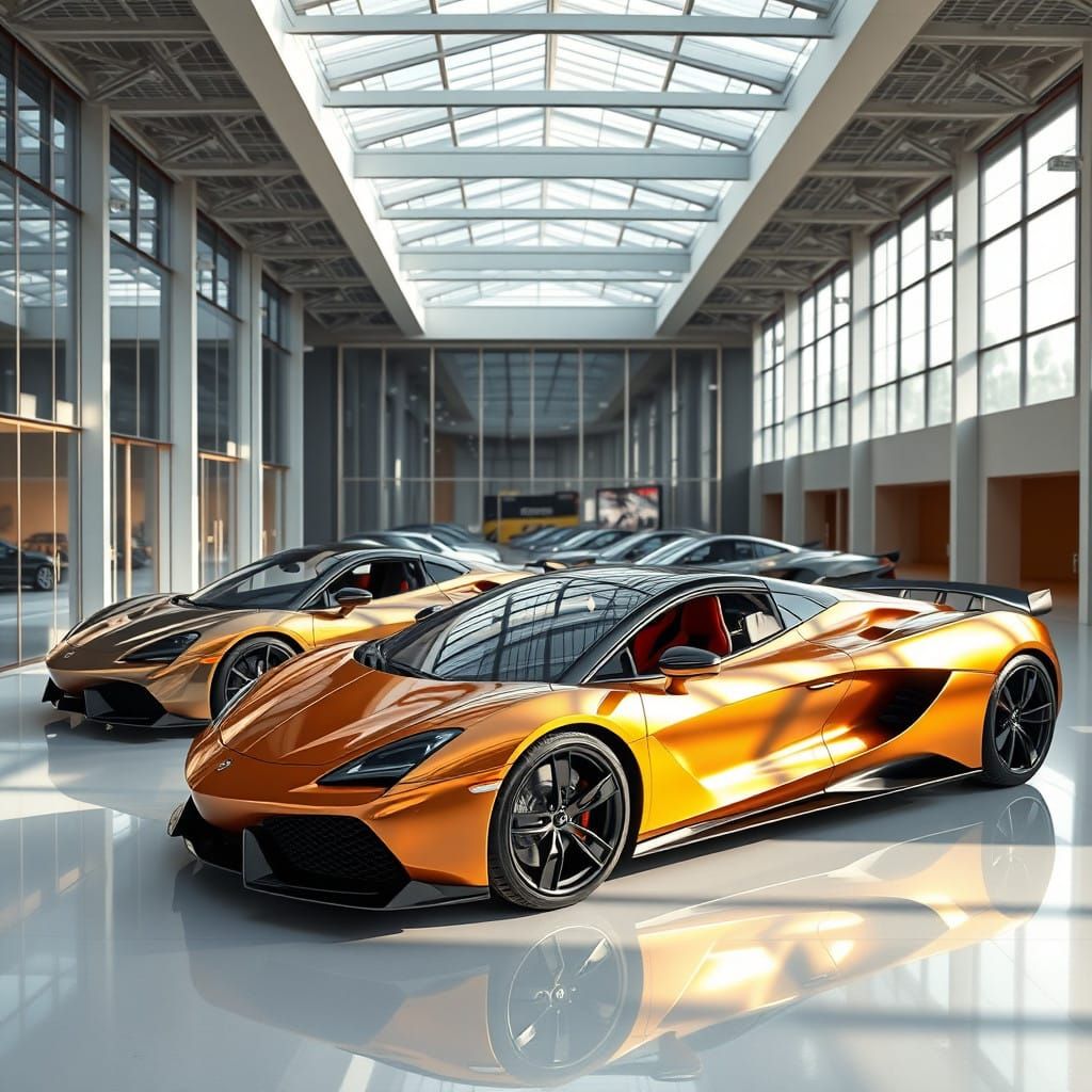 Hyper-Realistic Luxury Sports Cars in Modern Showroom