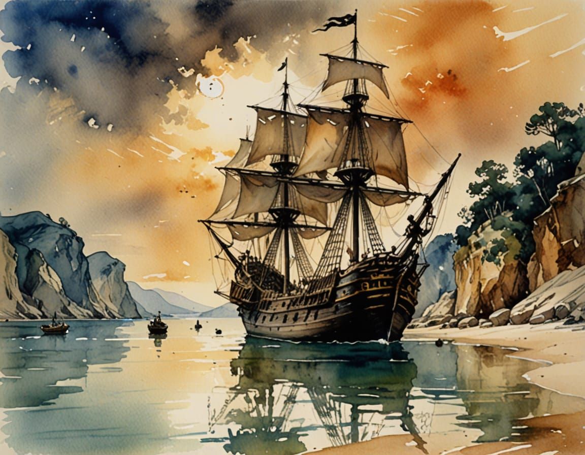 Eldritch Pirate Ship at Tortuga Bay in Watercolor and Ink