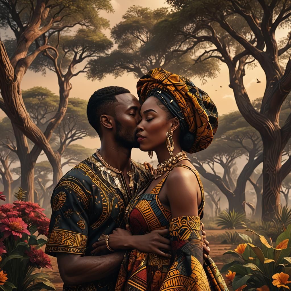 Black Couple Kissing in African Print Outfit