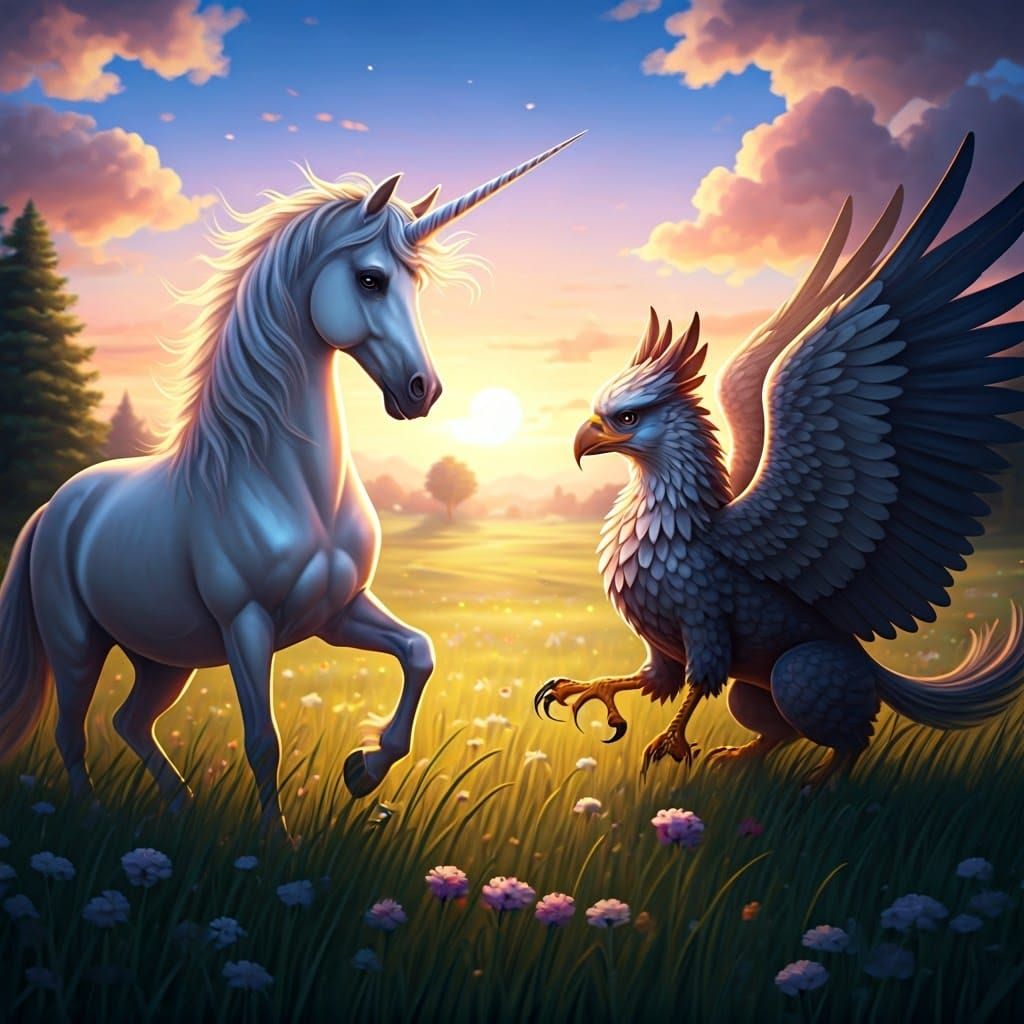 Unicorn and Griffin Friendship in Idyllic Field