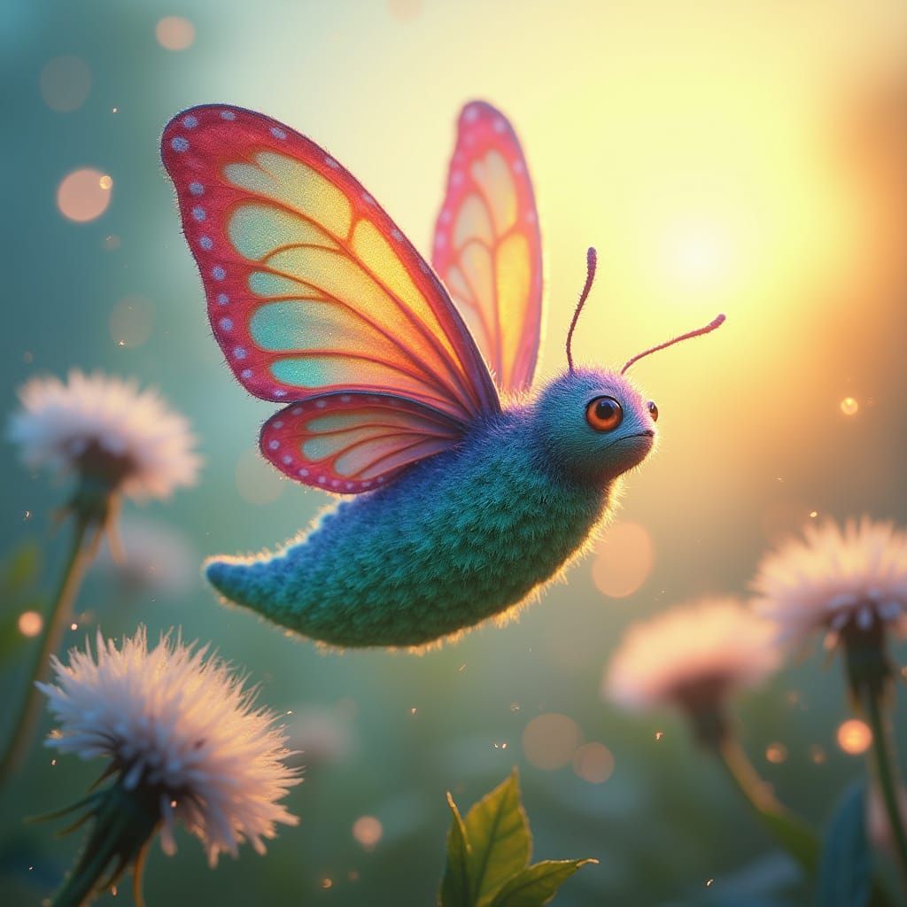 Whimsical Pearlescent Butterfly Soars Through a Vibrant, Mag...