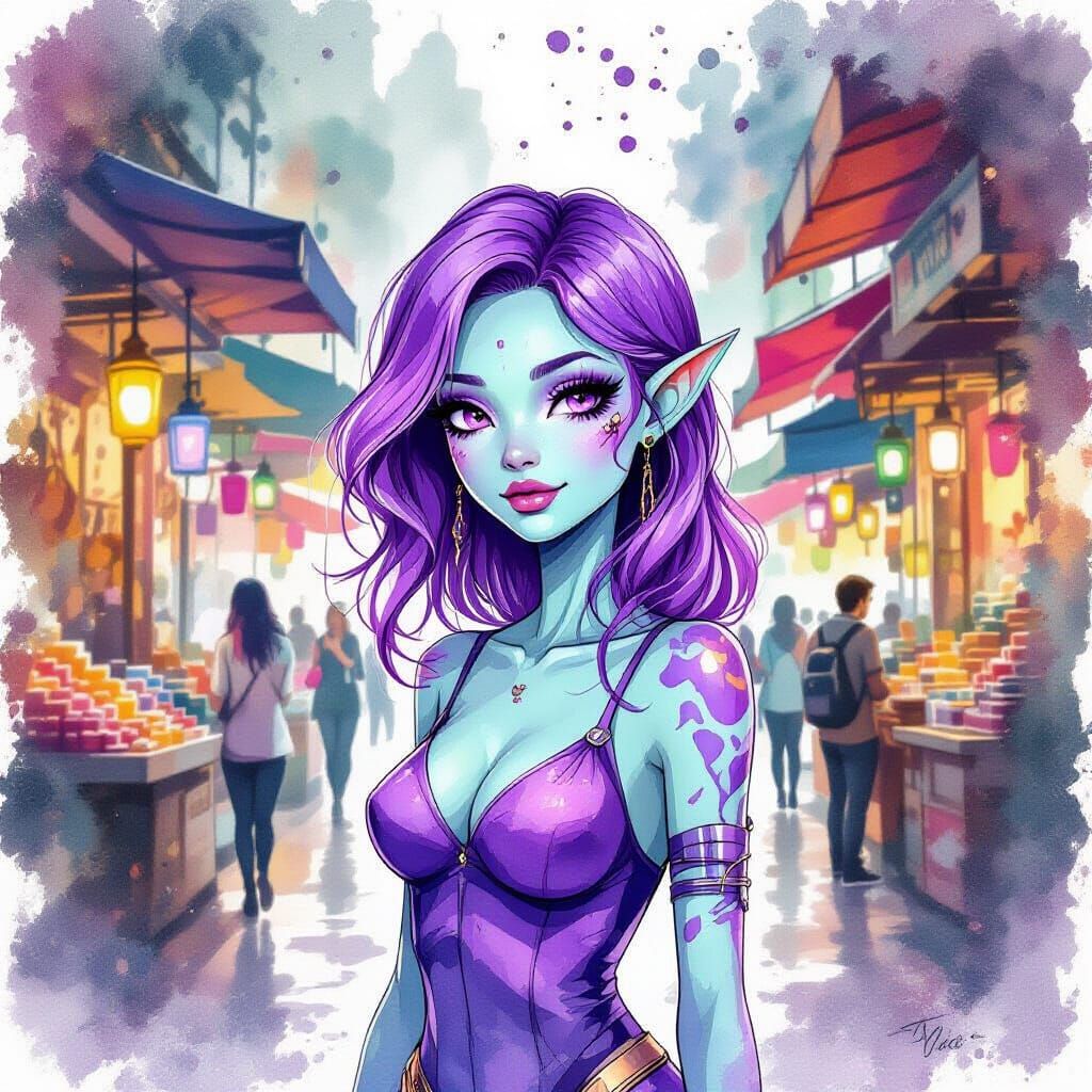 Purple-Haired Alien in Watercolor Market Scene
