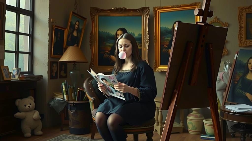 Mona Lisa Reads Fashion Magazine, Blows Gum