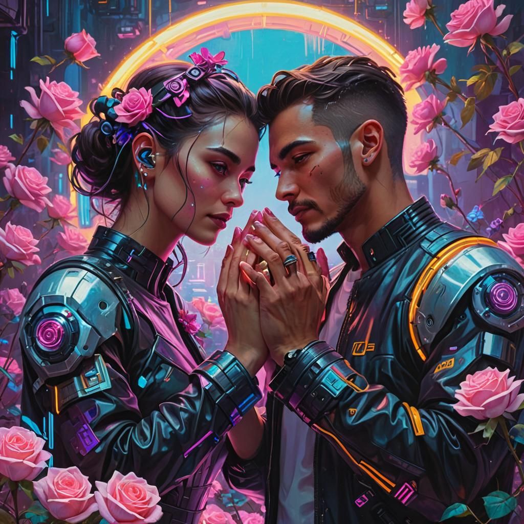 Cyberpunk Couple Surrounded by Roses in Oil Painting
