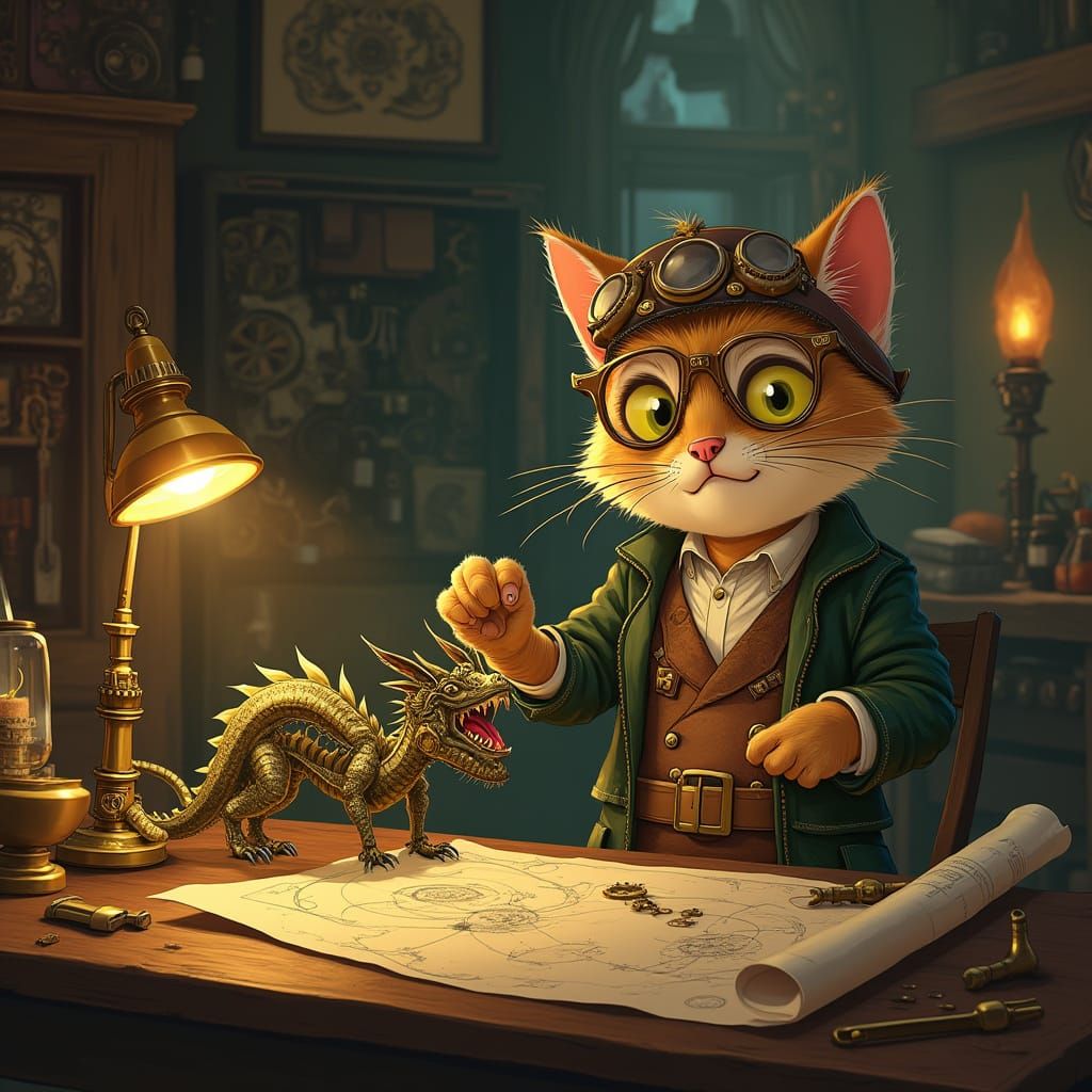 Steampunk Cat Tinkerer in Cozy Workshop