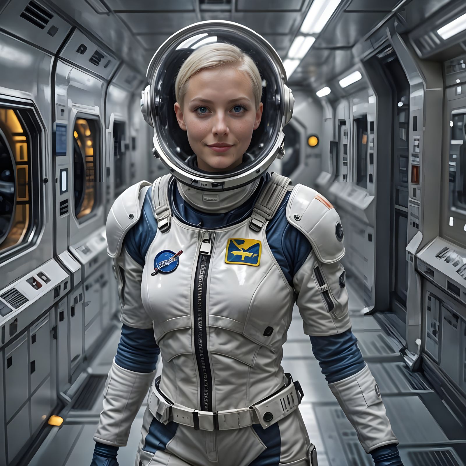 Astronaut in High-Tech Spacesuit Explores Dark Space Station