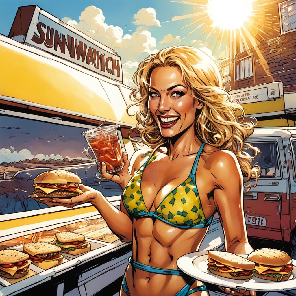 Comic Art Bikini Model Enjoys Sunny Sandwich