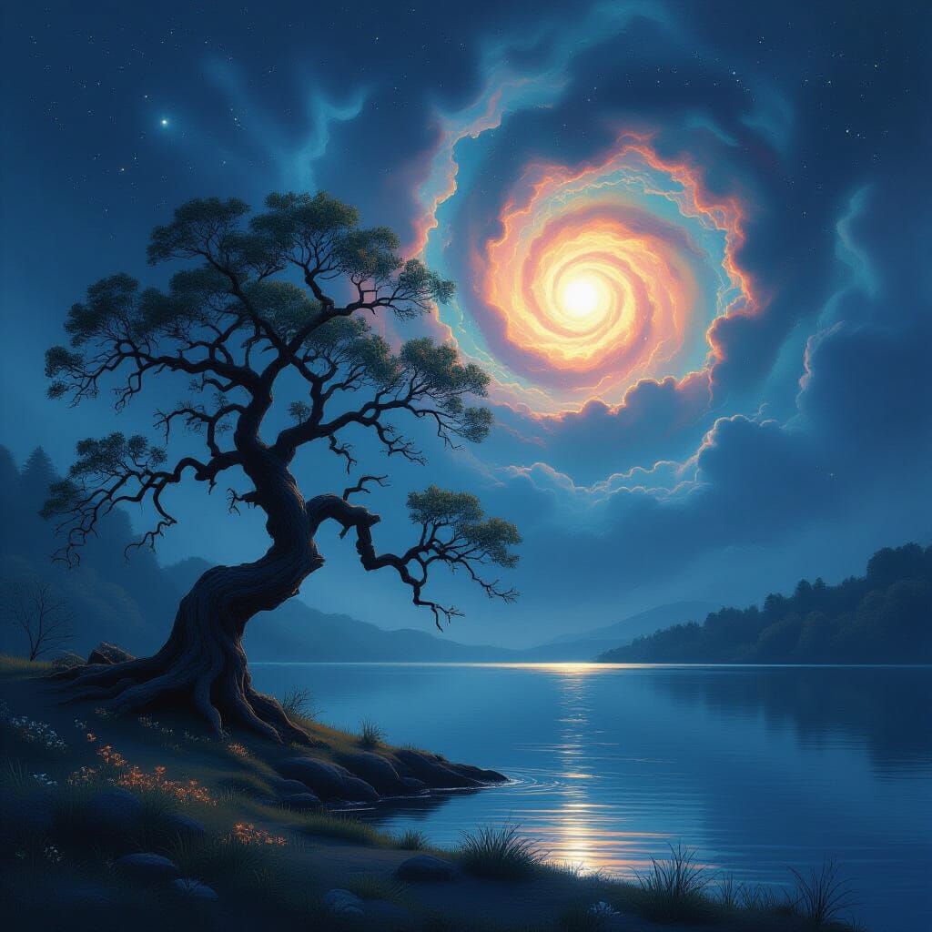 Ancient Tree Reflects Galaxy Sky Over Serene Lake