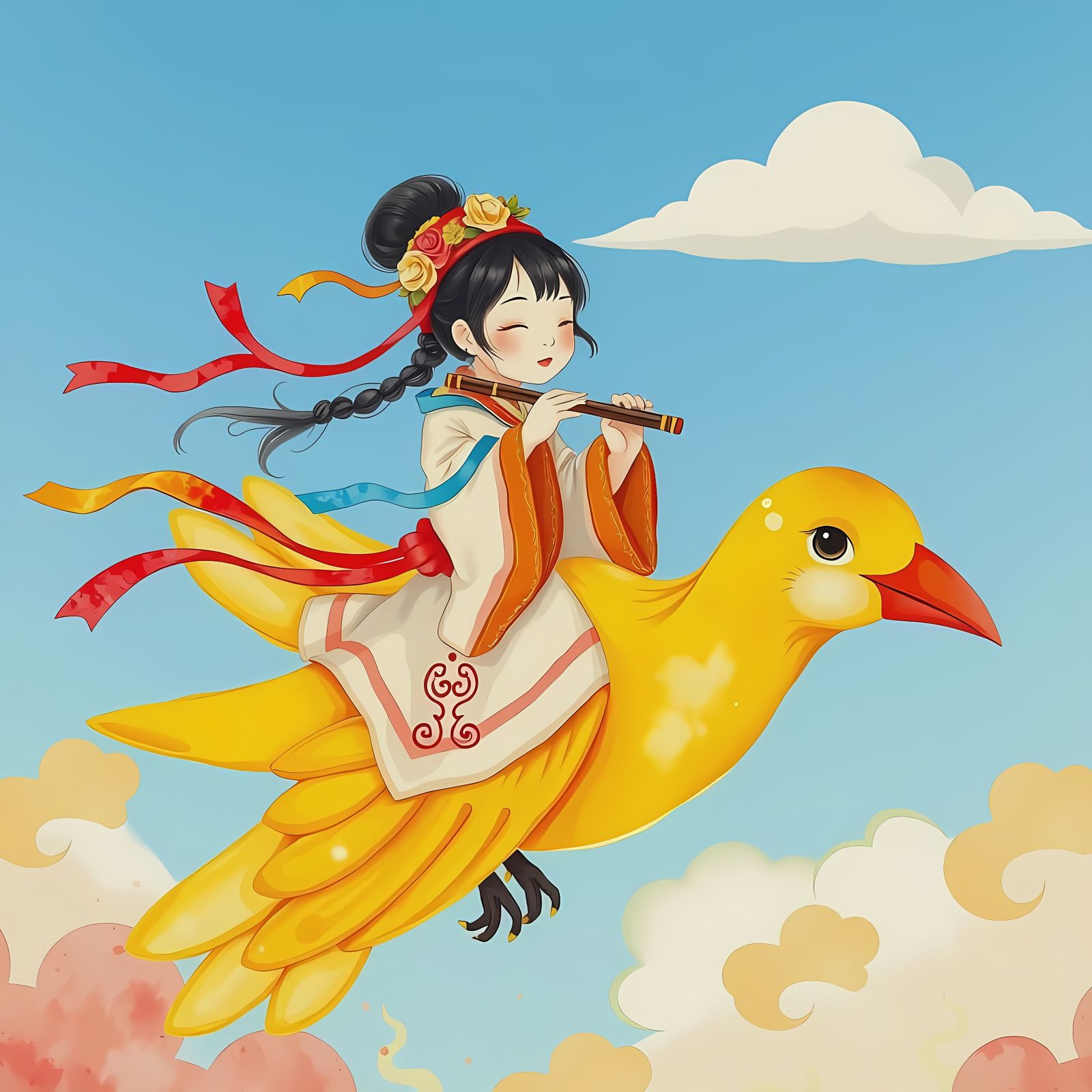 Girl Plays Flute on Bird in Chinese Watercolor Style