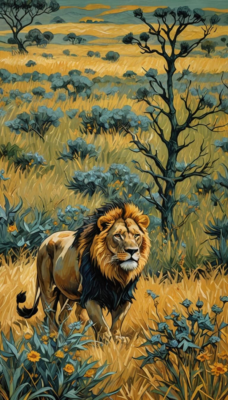 African Lion in Savanna as Fauvist Painting