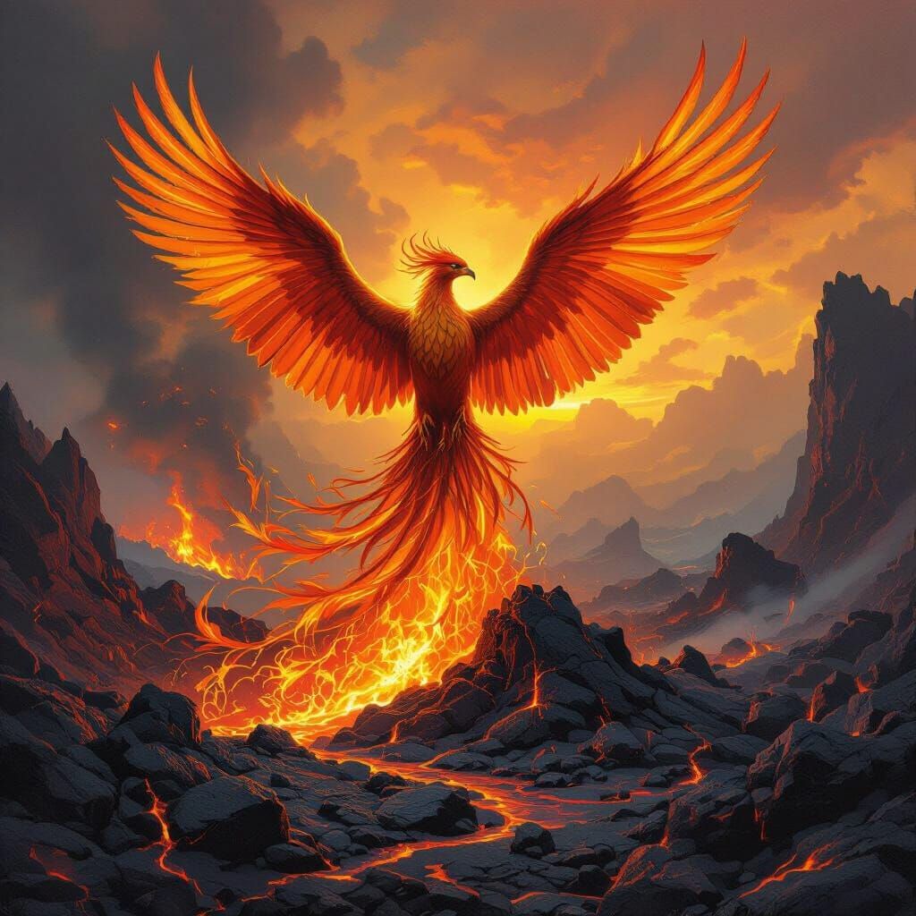 Phoenix Rising from Ashes in Volcanic Landscape