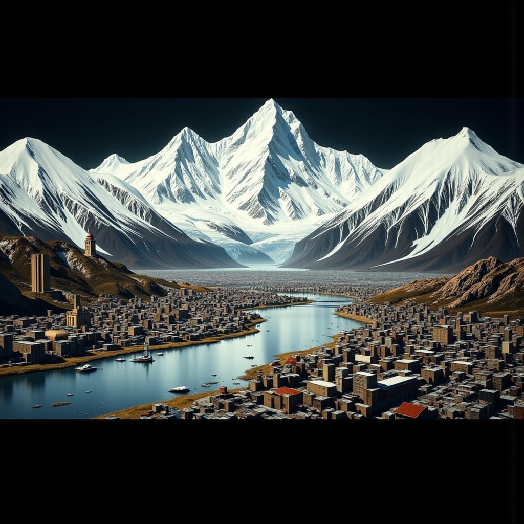 Cityscape in Glacier, Photorealistic Style on Black